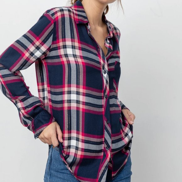 Rails Hunter Fuschia Plaid Button-Down Shirt Long Sleeve Pink Navy Metallic - Picture 3 of 12
